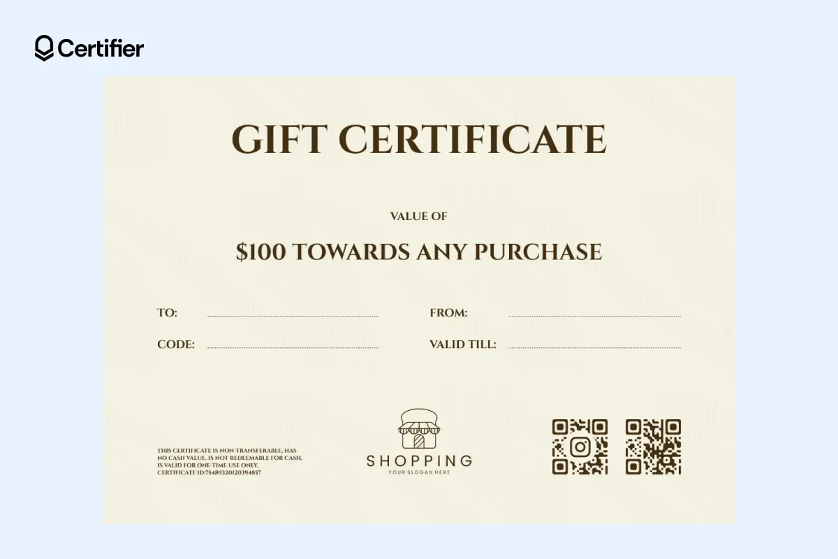 Classic $100 gift certificate template with two QR codes and beige background. Classic $100 gift certificate template with two QR codes and beige background.