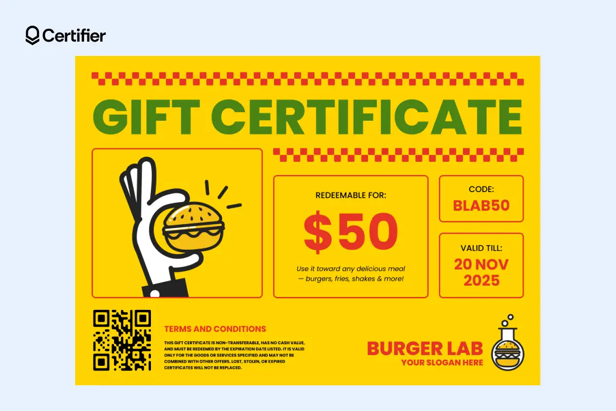 ast food gift certificate template with burger icon, $50 value and editable promo text. ast food gift certificate template with burger icon, $50 value and editable promo text.