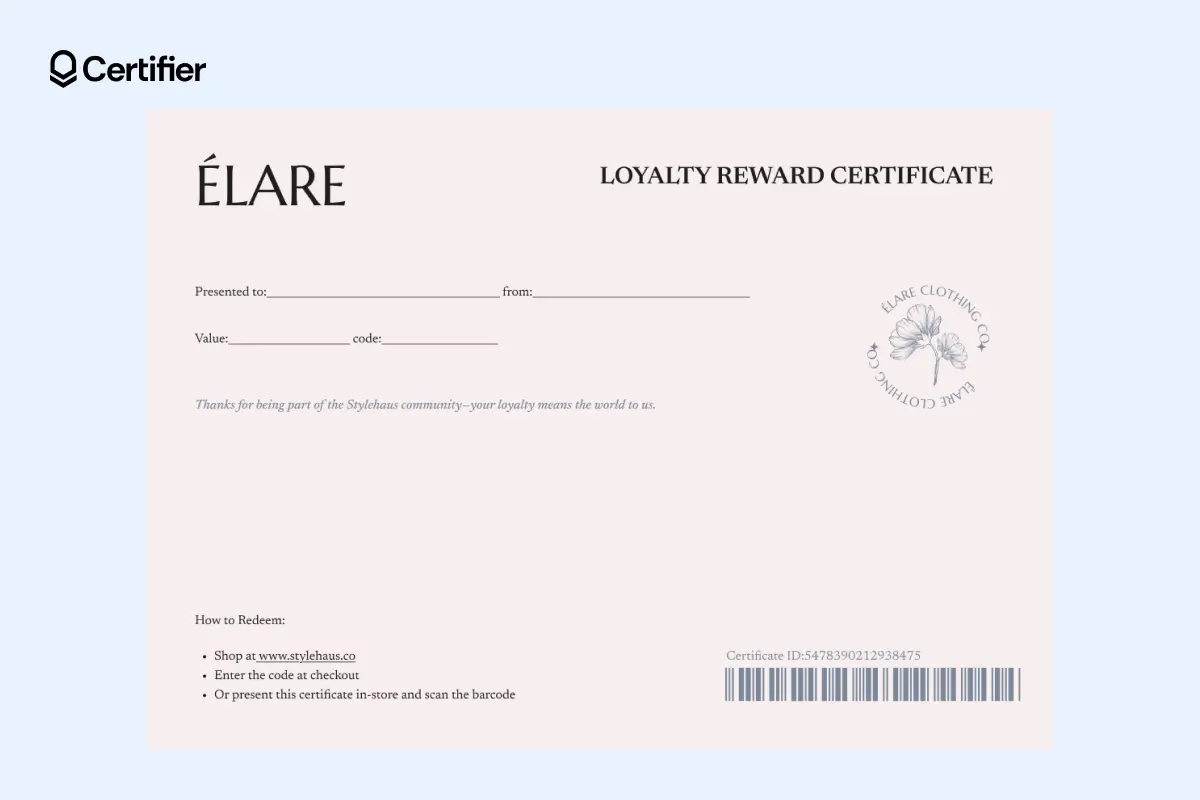 Soft pink loyalty reward gift certificate template with barcode and floral logo. Soft pink loyalty reward gift certificate template with barcode and floral logo.