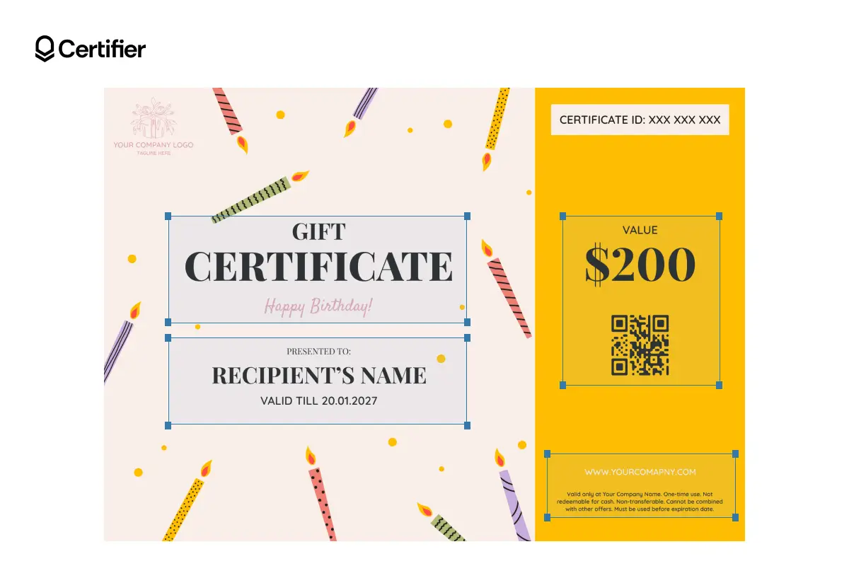Free gift certificate template with editable fields; this birthday gift certificate template features candle theme and a yellow section for value, QR code, terms and conditions and certificate ID. Free gift certificate template with editable fields; this birthday gift certificate template features candle theme and a yellow section for value, QR code, terms and conditions and certificate ID.