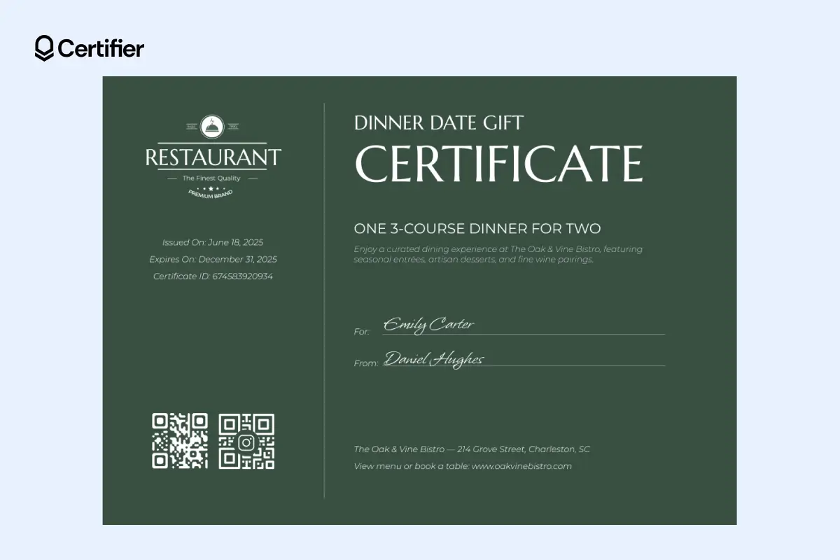 Editable restaurant gift certificate template with dark green background, QR code and space for recipient names; suitable as a holiday gift certificate template. Editable restaurant gift certificate template with dark green background, QR code and space for recipient names; suitable as a holiday gift certificate template.