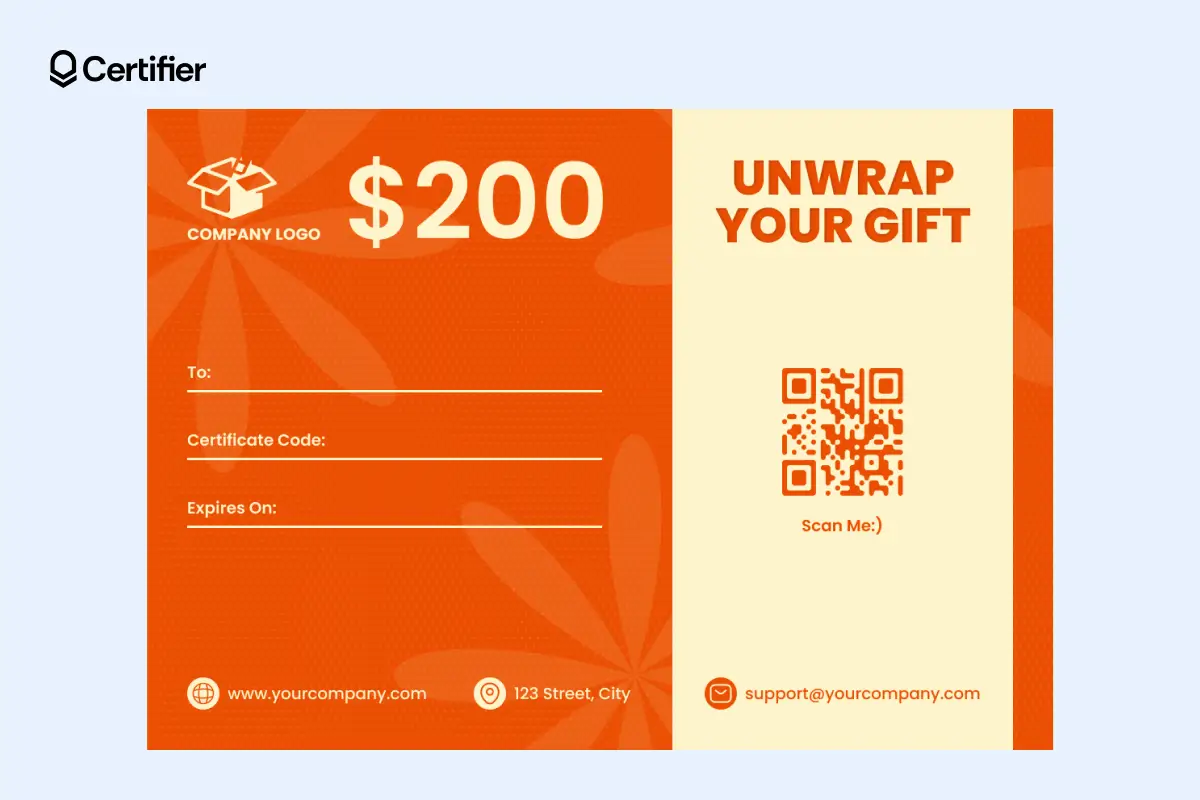 Bright promo gift certificate template with $200 value, QR code and editable reward info. Bright promo gift certificate template with $200 value, QR code and editable reward info.