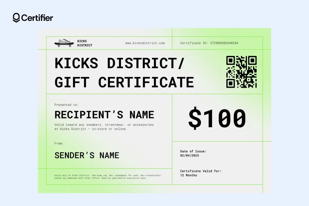 Green gift certificate template with $100 value, QR code and editable fields for sneakers or apparel brands. Green gift certificate template with $100 value, QR code and editable fields for sneakers or apparel brands.