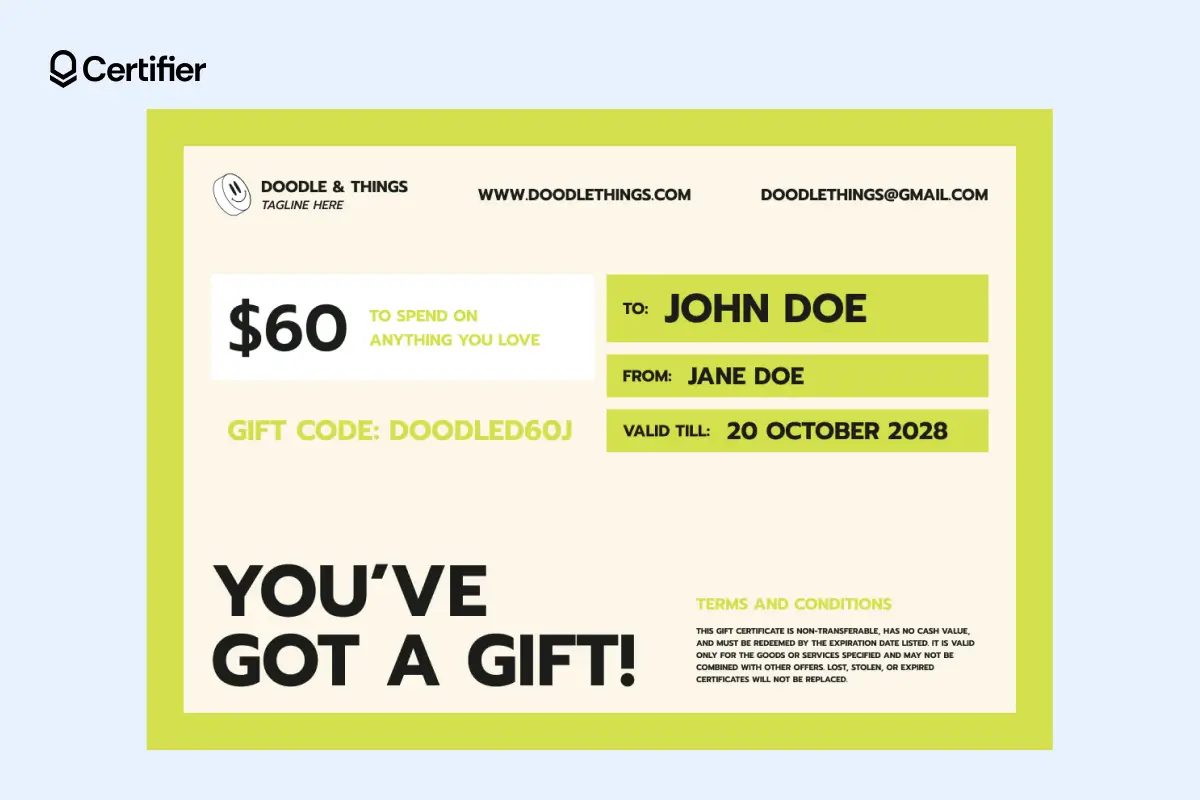 Bright green and cream $60 editable gift certificate template with sender and recipient info; can be used as a birthday gift certificate template. Bright green and cream $60 editable gift certificate template with sender and recipient info; can be used as a birthday gift certificate template.