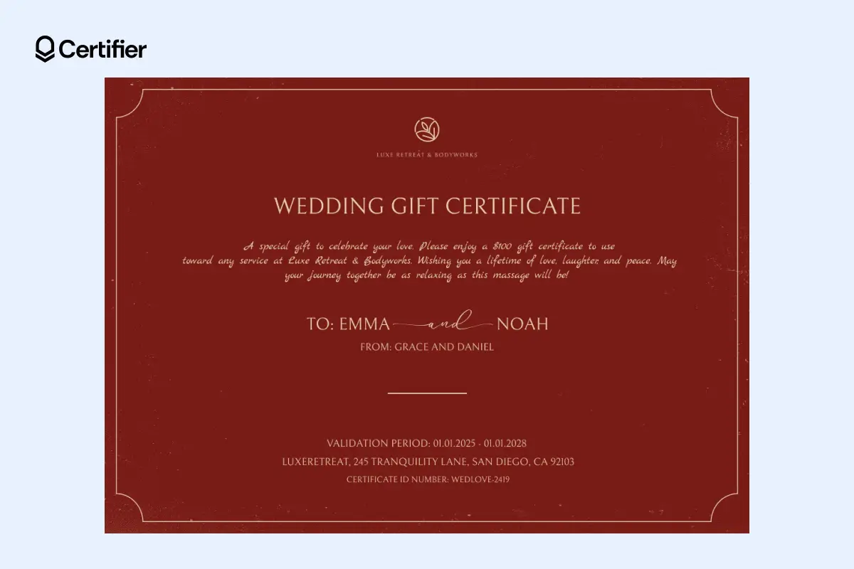 Burgundy wedding gift certificate template with editable names and $100 value; this printable gift certificate template features golden subtle accents. Burgundy wedding gift certificate template with editable names and $100 value; this printable gift certificate template features golden subtle accents.