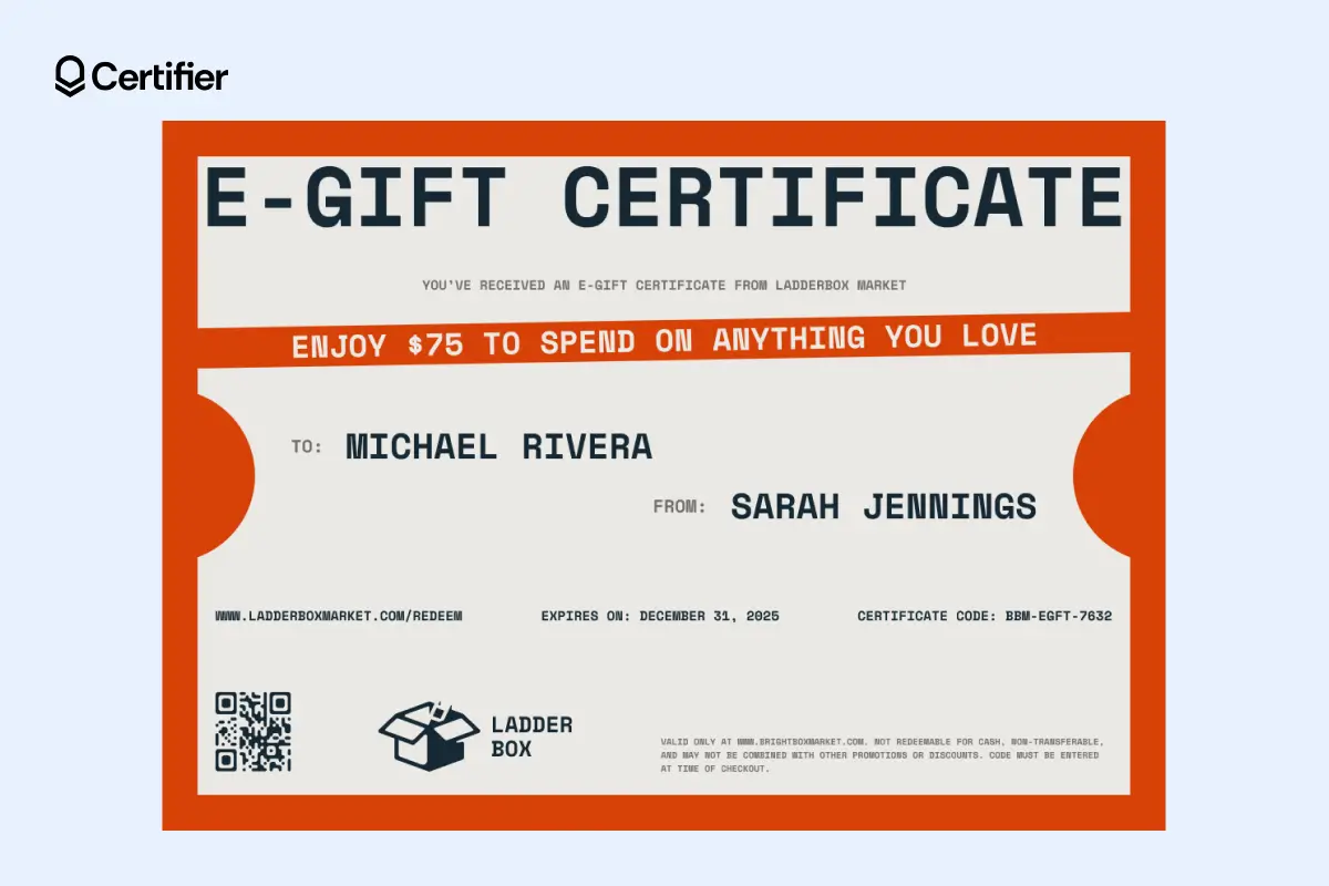 Retro e-gift certificate template in red and gray with $75 value and QR code. Retro e-gift certificate template in red and gray with $75 value and QR code.