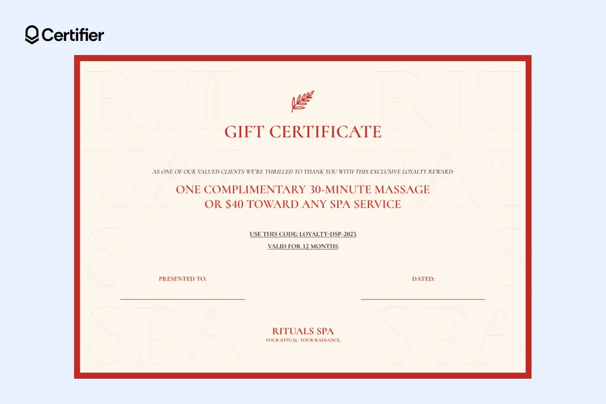 Cream and red spa gift certificate template offering massage or $40 credit, with editable code. Cream and red spa gift certificate template offering massage or $40 credit, with editable code.
