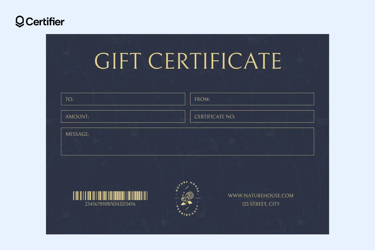 Simple purple gift certificate template with editable fields and digital code. Simple purple gift certificate template with editable fields and digital code.