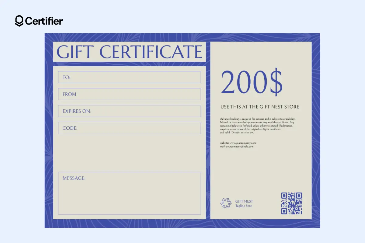 Blue border gift certificate template with $200 value and QR code section. Blue border gift certificate template with $200 value and QR code section.