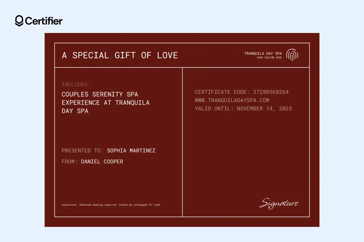Deep red couples spa gift certificate template with editable names and experience details. Deep red couples spa gift certificate template with editable names and experience details.