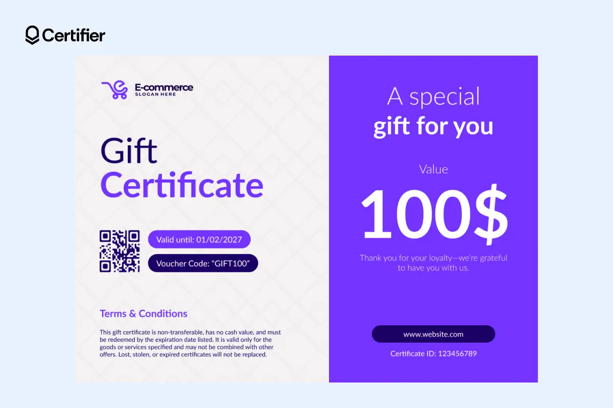 Bright purple $100 gift certificate template with loyalty message and QR code; serves as a free printable gift certificate template PDF. Bright purple $100 gift certificate template with loyalty message and QR code; serves as a free printable gift certificate template PDF.