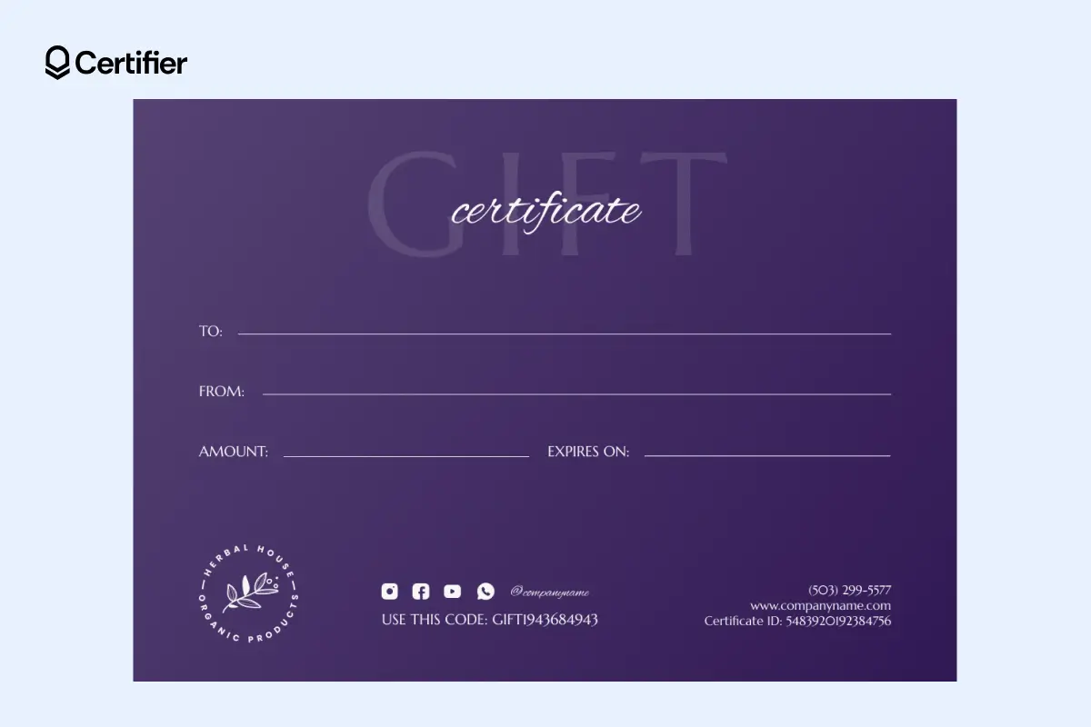 Simple purple gift certificate template with editable fields and digital code. Simple purple gift certificate template with editable fields and digital code.