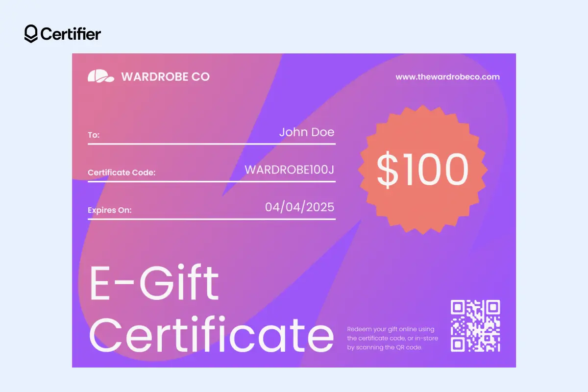 Gradient e-gift certificate template in pink and purple with $100 value and QR code. Gradient e-gift certificate template in pink and purple with $100 value and QR code.