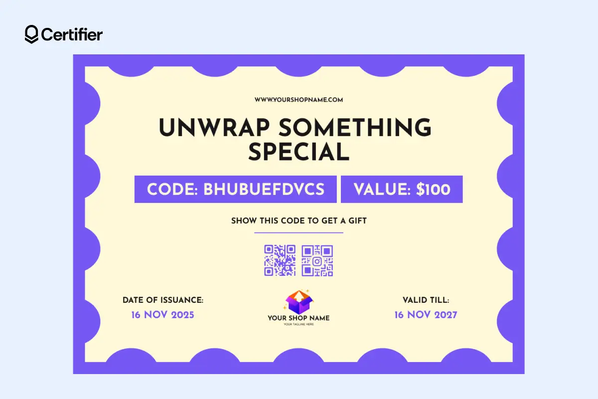 Cream and purple gift card template with code field, QR code and issue dates. Cream and purple gift card template with code field, QR code and issue dates.
