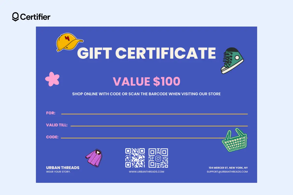 Gift certificate template free editable design with clothing icons, barcode and editable value fields; this gift voucher template features dark background. Gift certificate template free editable design with clothing icons, barcode and editable value fields; this gift voucher template features dark background.