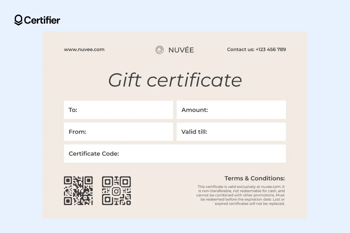 Beige gift certificate with two QR codes, terms & conditions and editable fields. Beige gift certificate with two QR codes, terms & conditions and editable fields.
