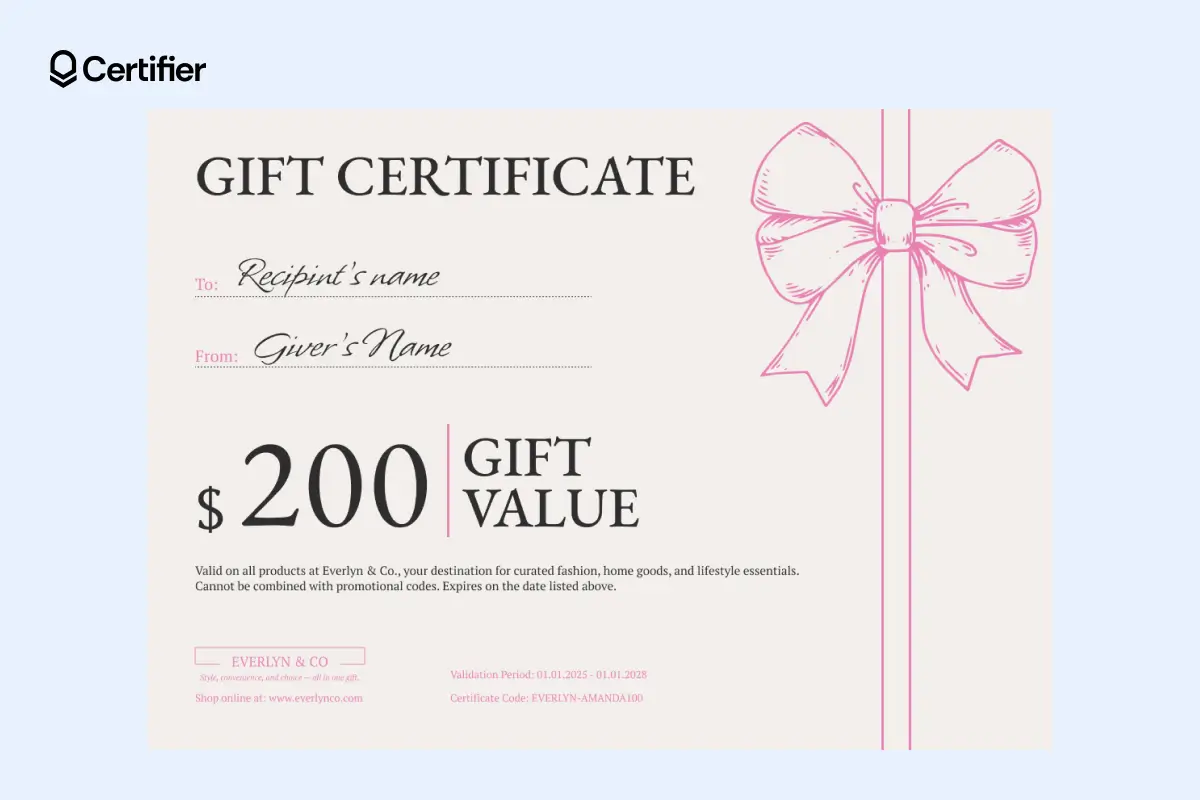 Cream and pink gift certificate with ribbon graphic and editable TO/FROM fields. Cream and pink gift certificate with ribbon graphic and editable TO/FROM fields.