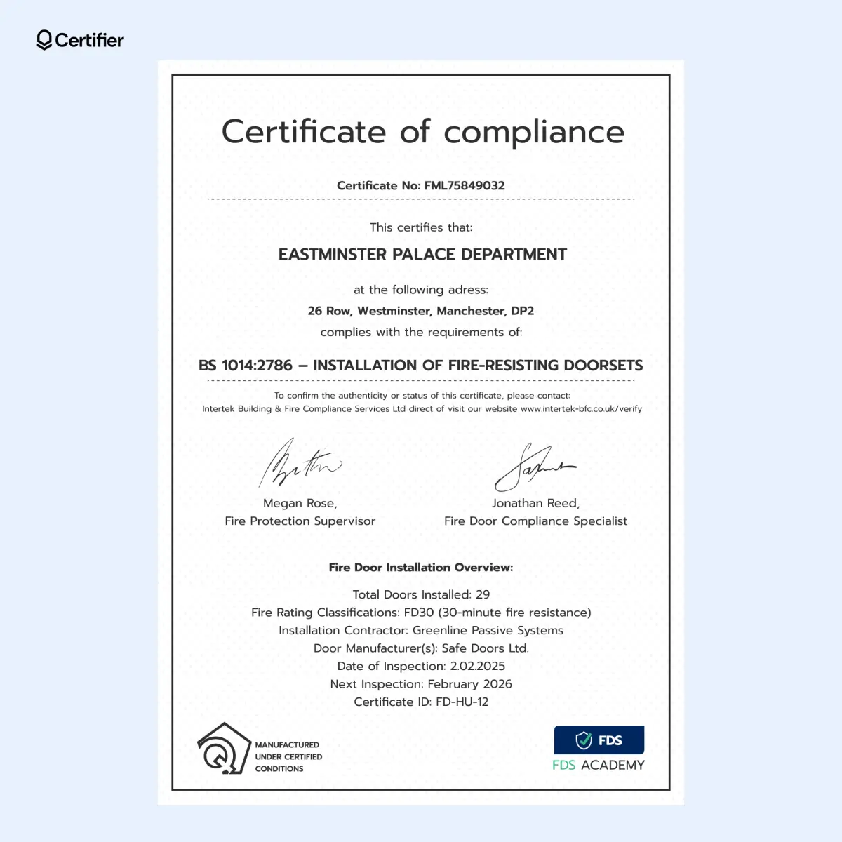 Monochrome fire door installation certificate template with bold fonts and clear section hierarchy; use it for bulk issuance purpose. Monochrome fire door installation certificate template with bold fonts and clear section hierarchy; use it for bulk issuance purpose.