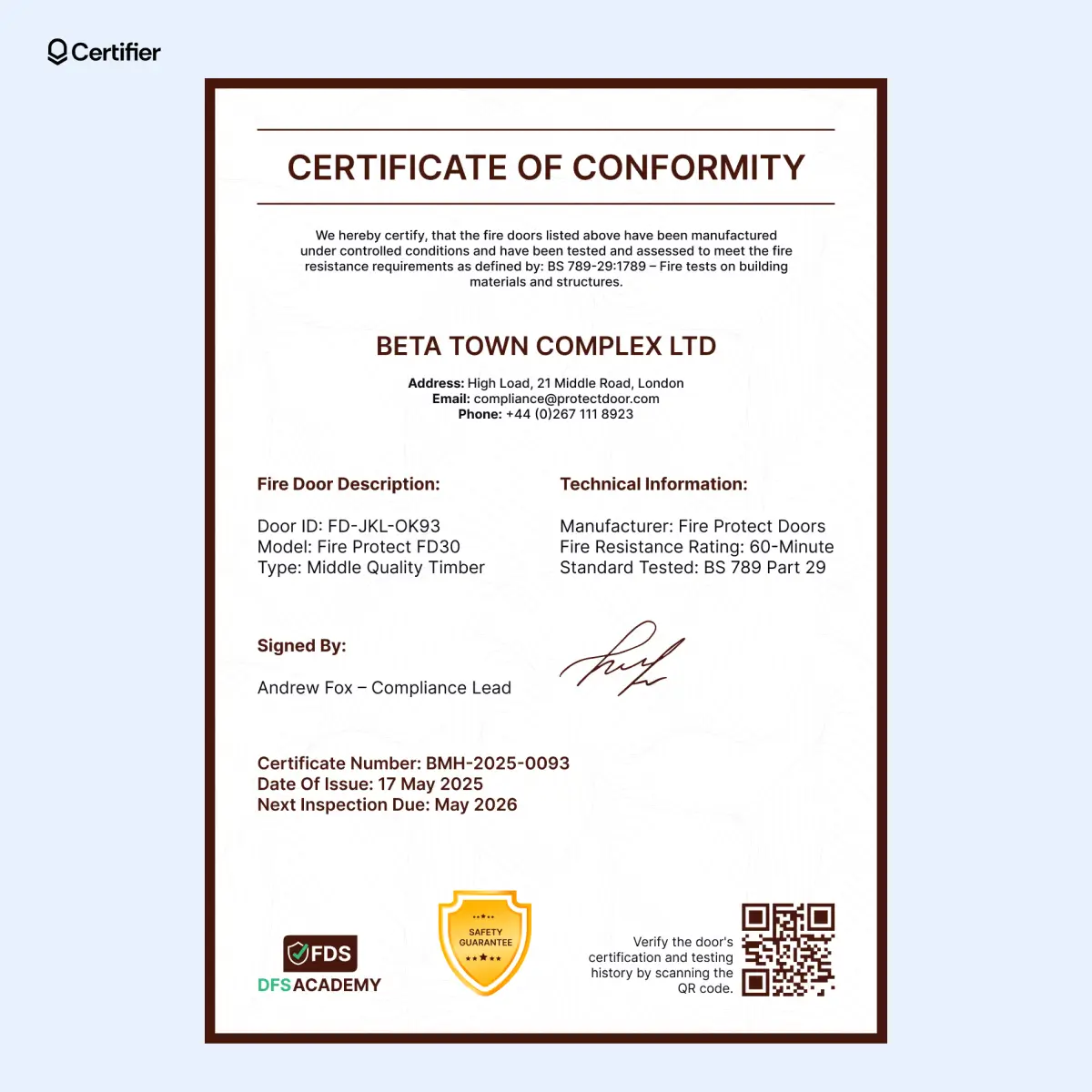 Brown-themed fire door certificate with security badge, QR code and automatic certificate number; it’s a complete document, capturing details like fire rating, installation date and testing compliance. Brown-themed fire door certificate with security badge, QR code and automatic certificate number; it’s a complete document, capturing details like fire rating, installation date and testing compliance.