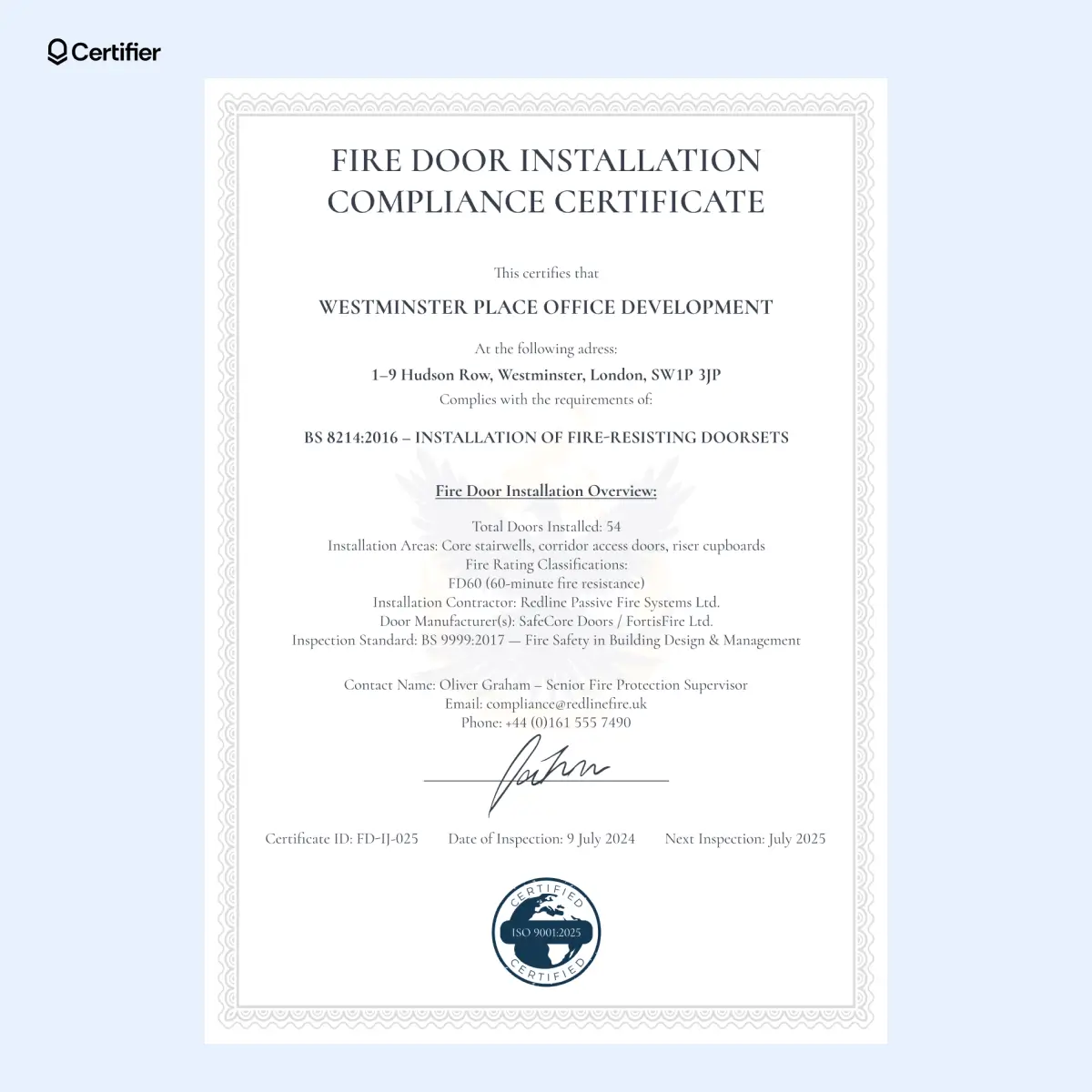 Elegant fire door installation certificate template with decorative frame, classic font and editable fire resistance overview. Elegant fire door installation certificate template with decorative frame, classic font and editable fire resistance overview.