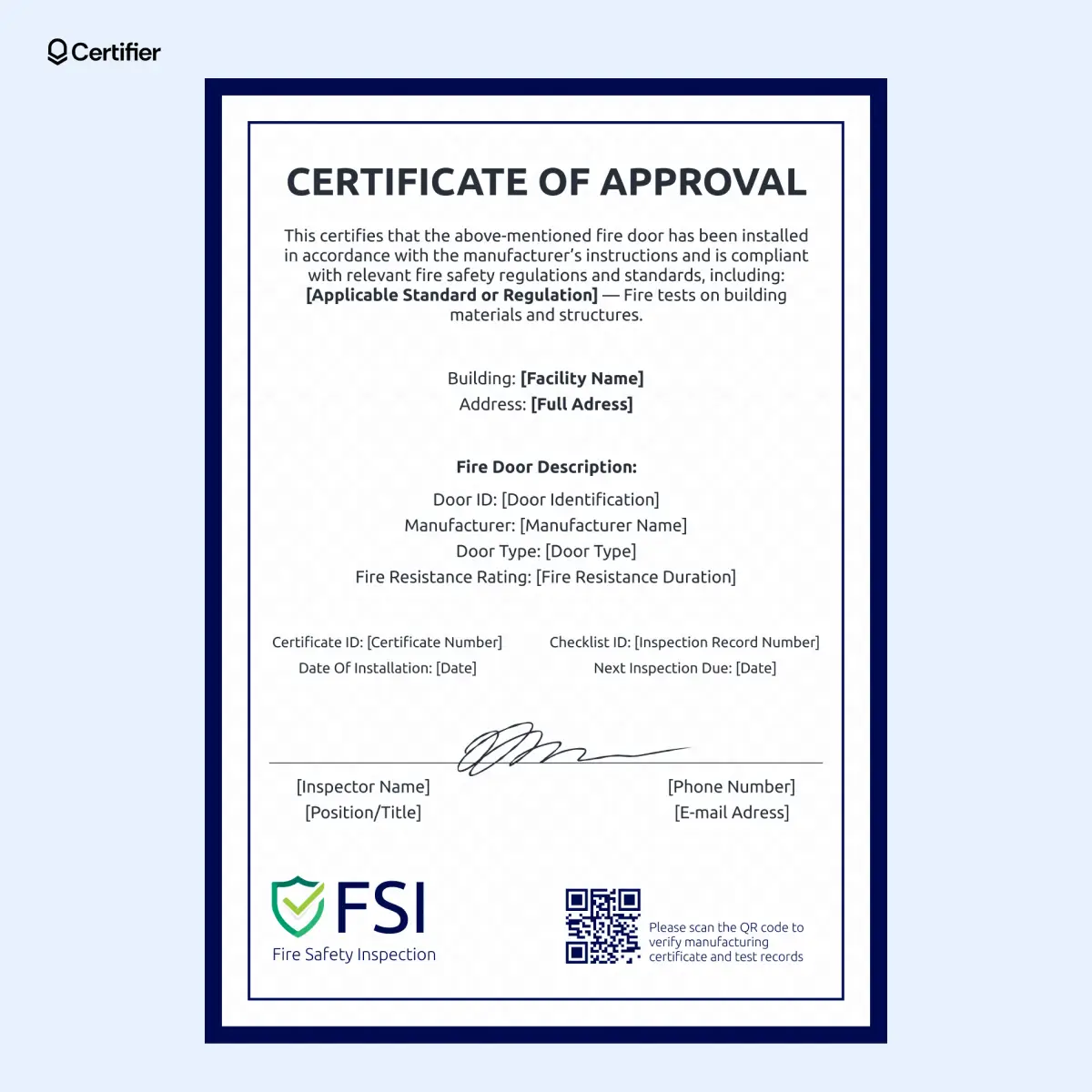 Navy blue fire door certificate template with signature section, QR code and structured layout for fire rating details. Navy blue fire door certificate template with signature section, QR code and structured layout for fire rating details.