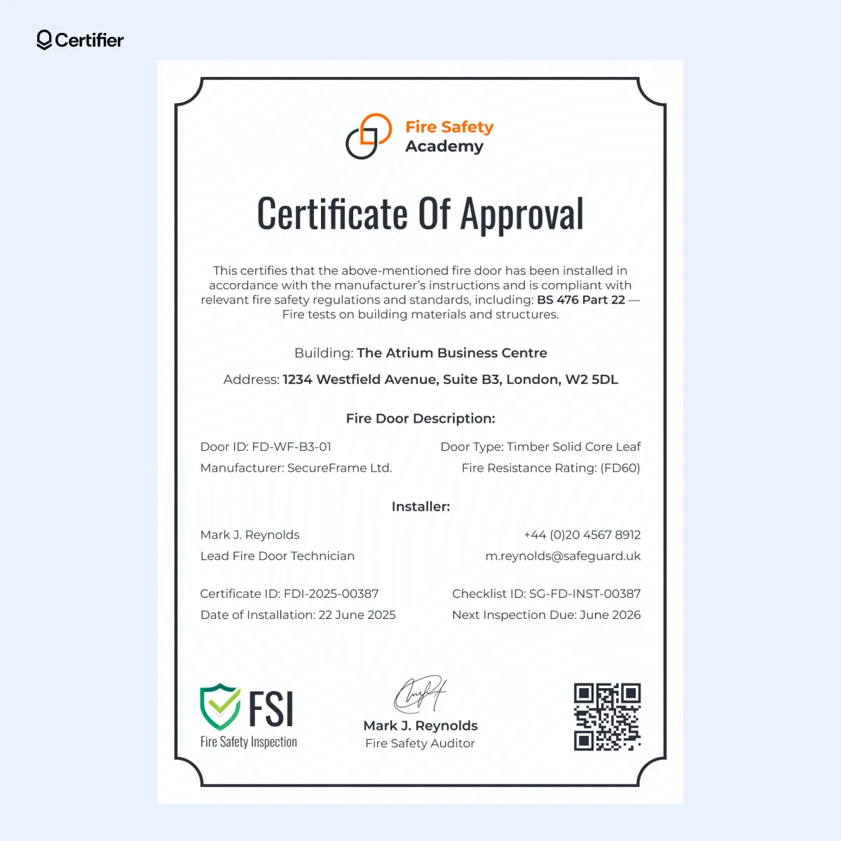 Black fire door installation certificate template showing editable fields for door type, resistance level, installer info and compliance standard. Black fire door installation certificate template showing editable fields for door type, resistance level, installer info and compliance standard.