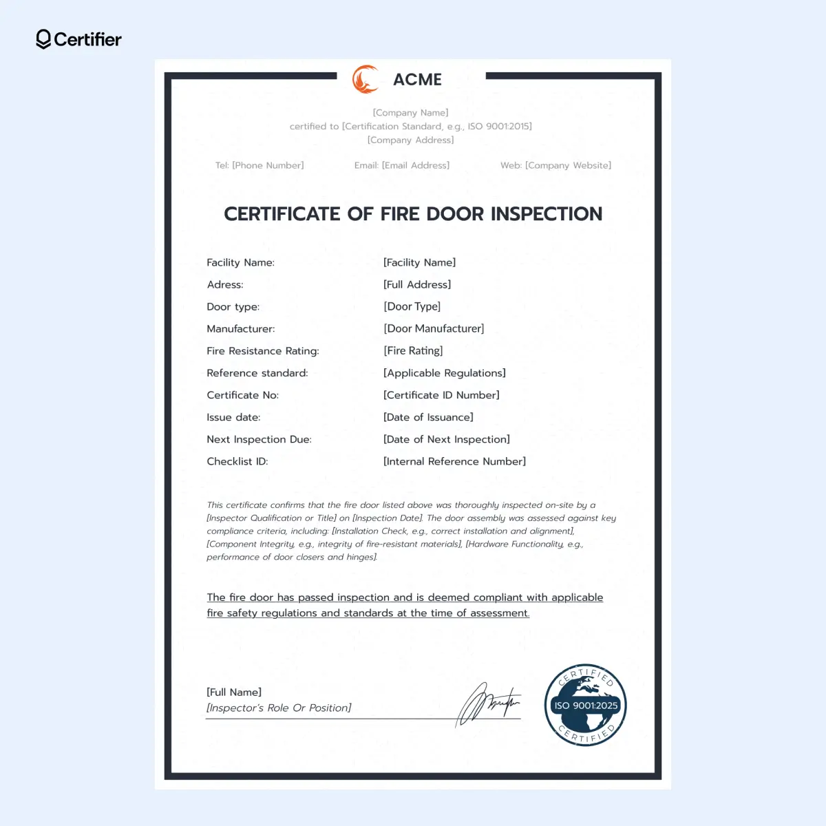 Editable black fire door certificate with inspection date, compliance checklist and fire safety notes under BS 476 Part 22. Editable black fire door certificate with inspection date, compliance checklist and fire safety notes under BS 476 Part 22.