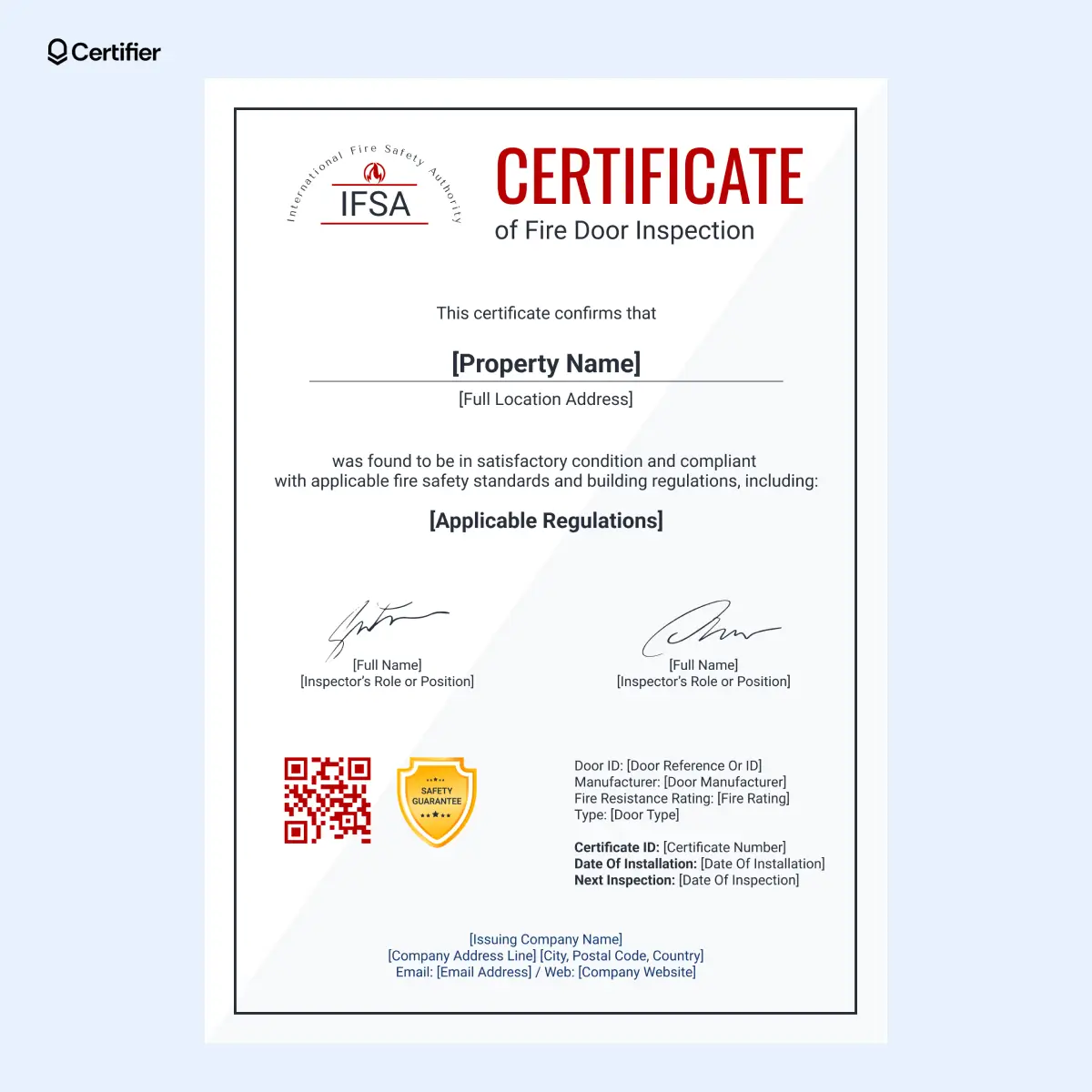 Red fire door installation certificate template Word with editable facility name, address, compliance standard and QR code. Red fire door installation certificate template Word with editable facility name, address, compliance standard and QR code.