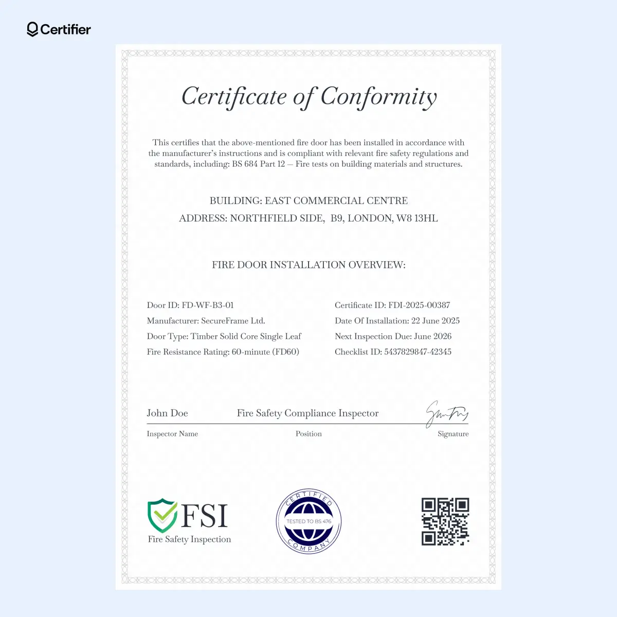 Grey fire door installation certificate template with installation overview and next inspection date. Grey fire door installation certificate template with installation overview and next inspection date.
