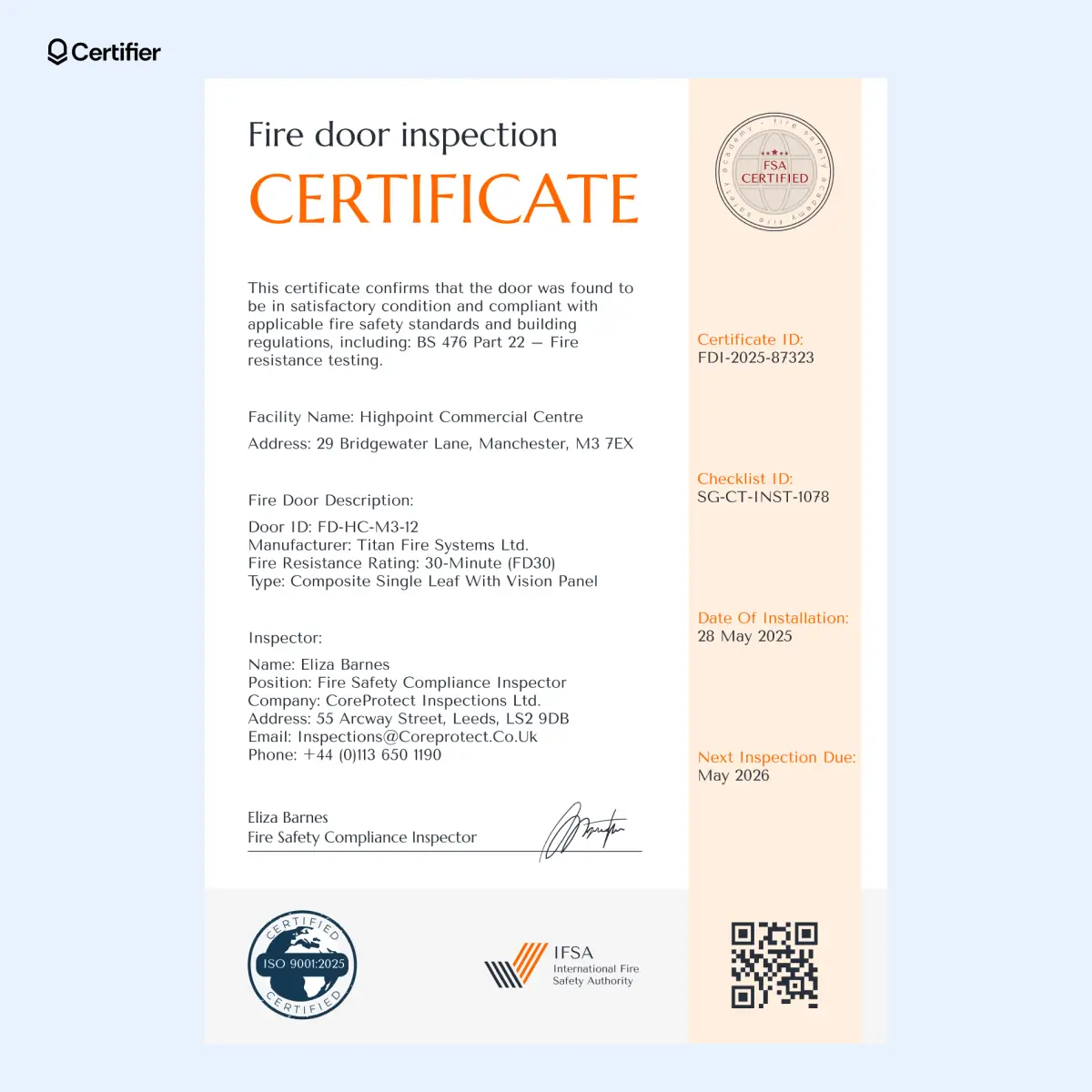Orange fire door certificate template with editable compliance info, fire door specs, inspector contact and next inspection date. Orange fire door certificate template with editable compliance info, fire door specs, inspector contact and next inspection date.