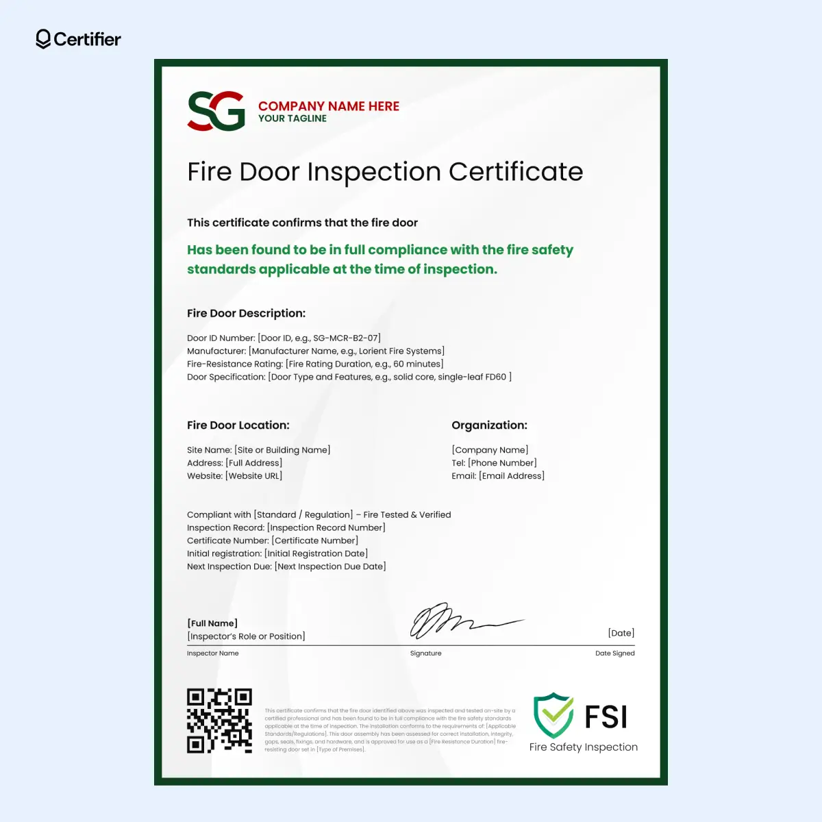 Green fire door certificate template with QR note, fire resistance info and clear contact details. Green fire door certificate template with QR note, fire resistance info and clear contact details.