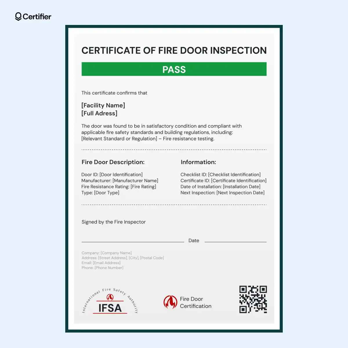 Green fire door certificate template with QR note, fire resistance info and clear contact details. Green fire door certificate template with QR note, fire resistance info and clear contact details.