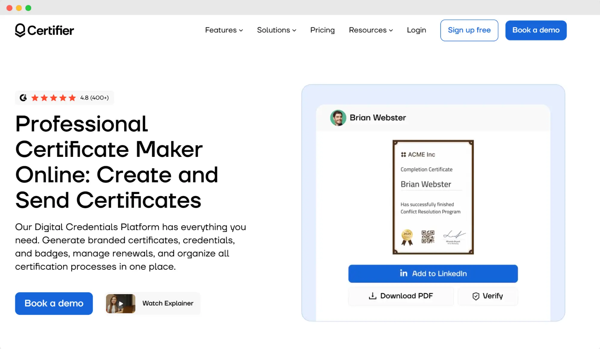 Certifier platform promoting professional certificate maker online tools with automation and analytics; a free certificate maker.