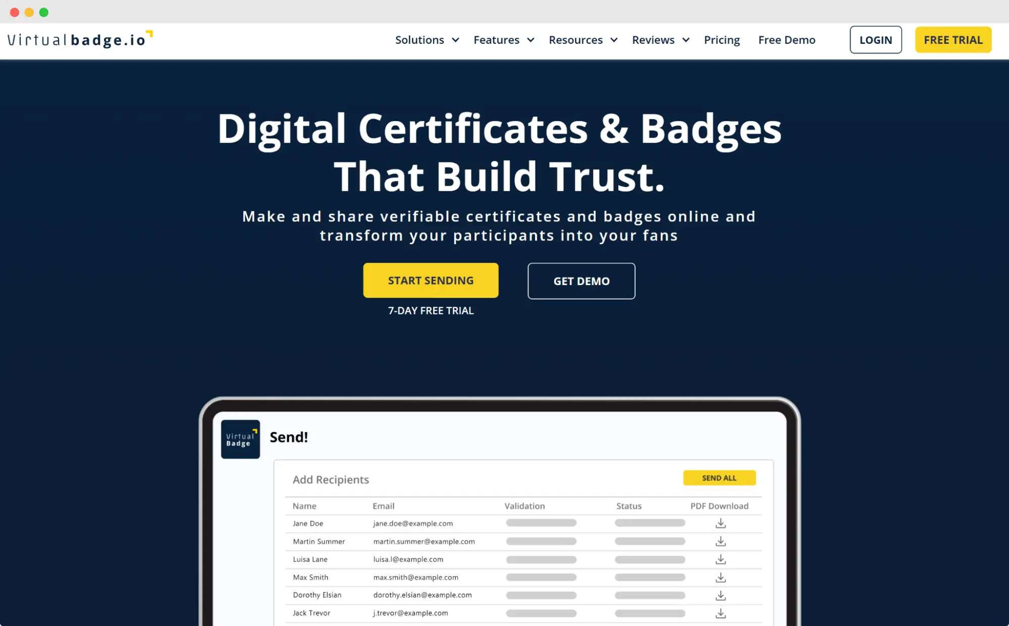Virtualbadge homepage presenting options to send verifiable digital badges and certificates using a certificate maker online.