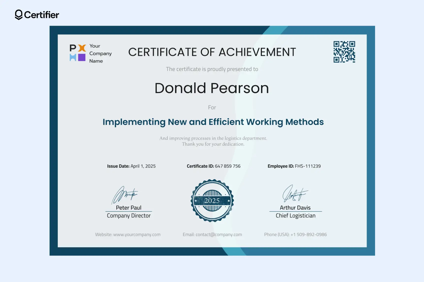 Certificate of achievement in blue; it was made using Certifier–an online certificate maker free.