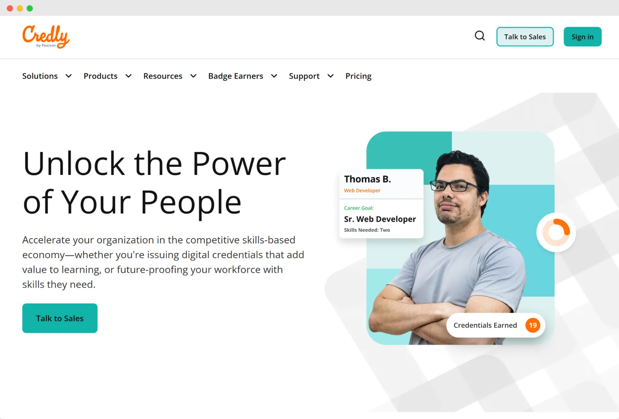 Credly’s homepage; online course creator software showcasing its digital credential tools used by businesses and educators for scalable certificate creation.