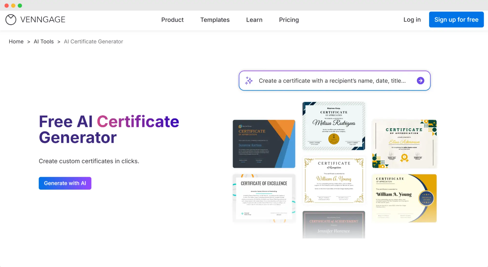 Venngage’s AI-powered interface for generating certificates; it’s a free online certificate maker.
