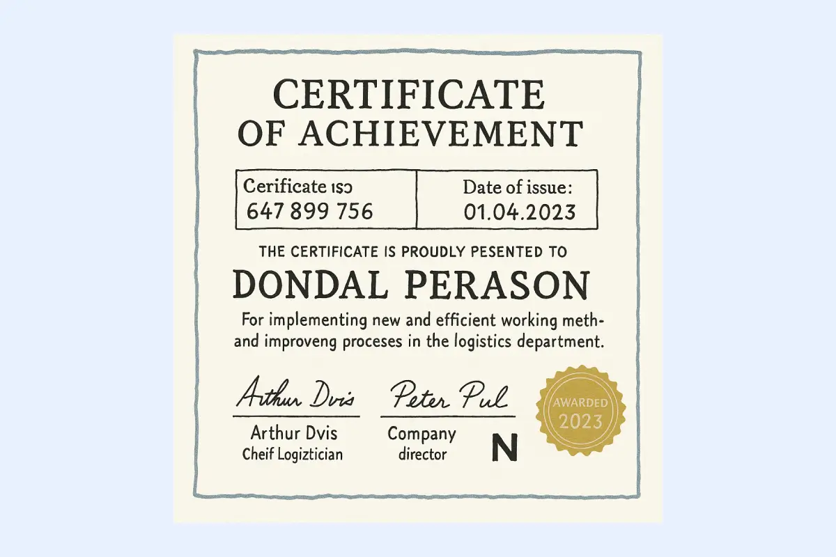 Certificate of achievement example generated with a certificate maker online, showing personalized recipient details and verification badge.