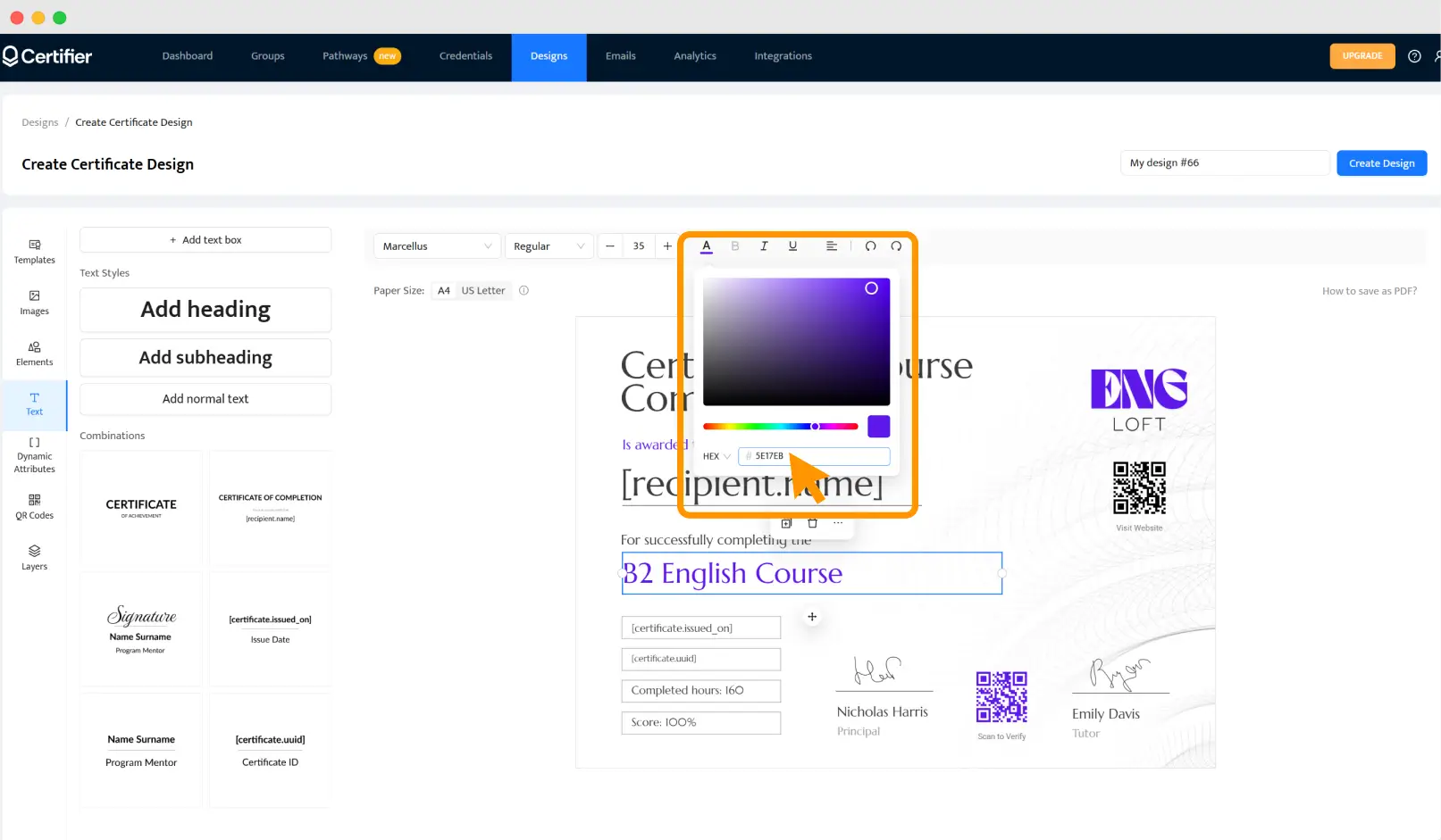 Certifier design dashboard with color picker open for editing a certificate of completion, showcasing how to create a Teachable certificate template with your branding.