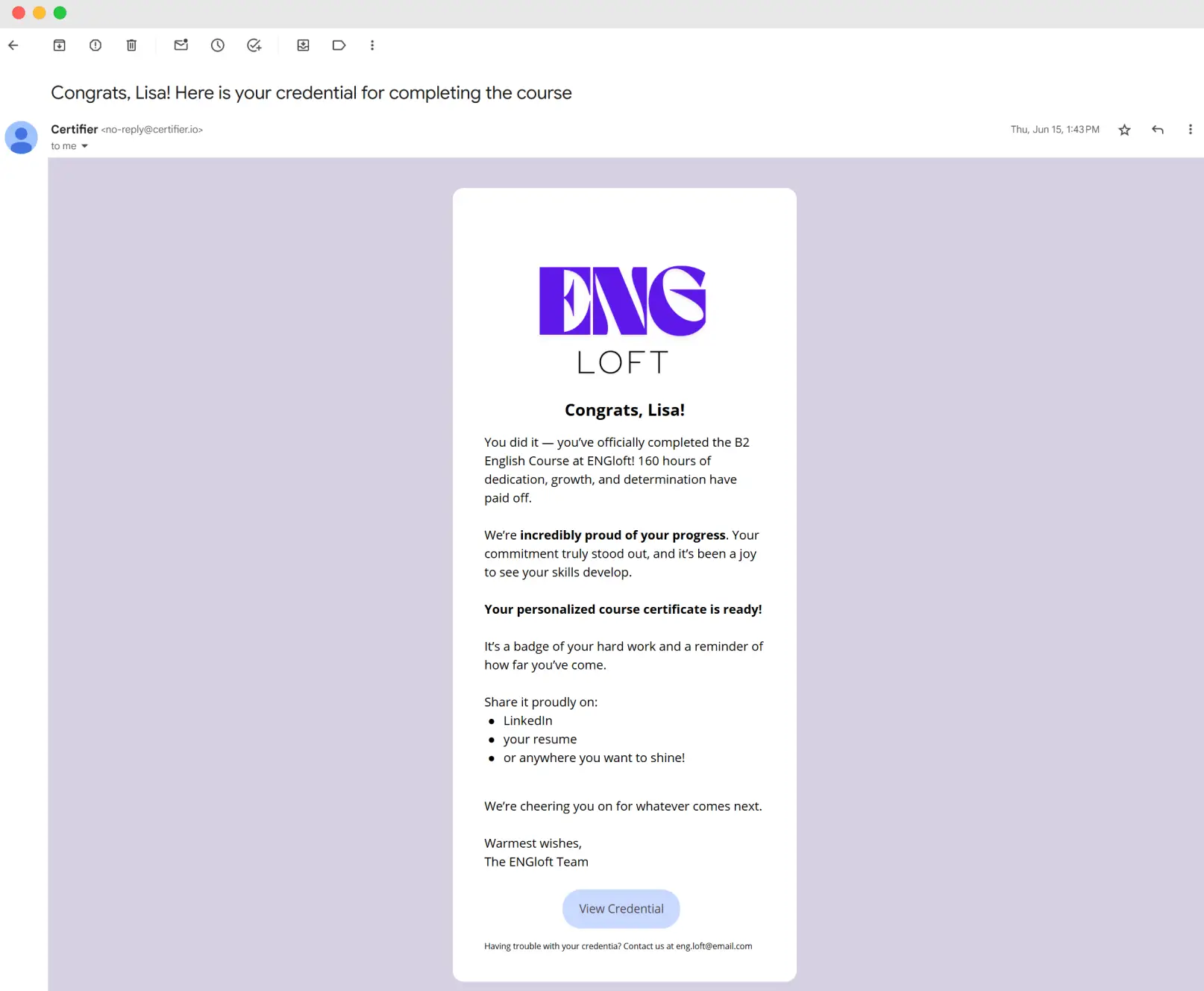 Certifier email to a student with a downloadable link to a Teachable certificate free credential for the B2 English Course, promoting Teachable digital downloads and custom certificates.