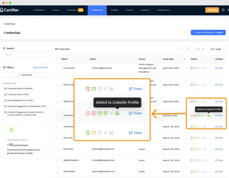 Certifier credential dashboard highlighting an award added to a LinkedIn profile, showing how to provide proof and enhance the perceived value of a course completed certificate.