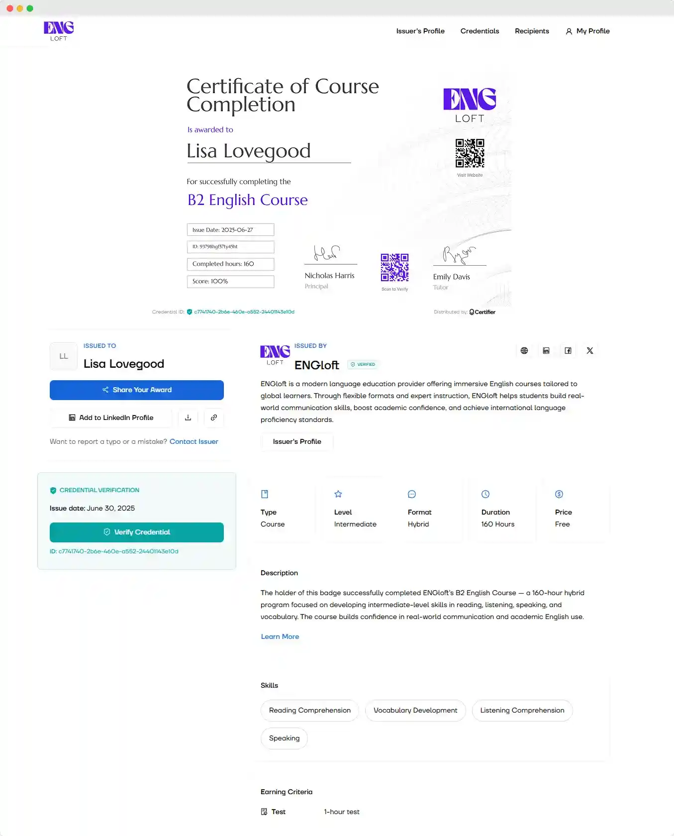 Certifier’s digital wallet with a course completed certificate with detailed course info, like course materials or as course curriculum, proving course compliance and ensuring students can share teachable certificate online credentials.