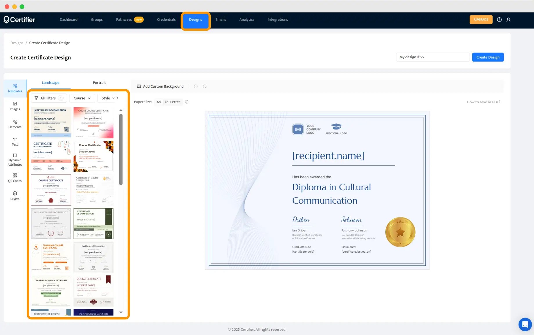 Certifier template gallery for creating a new certificate design, enabling users to build a Teachable certificate template and customize a branded certificate for Teachable.