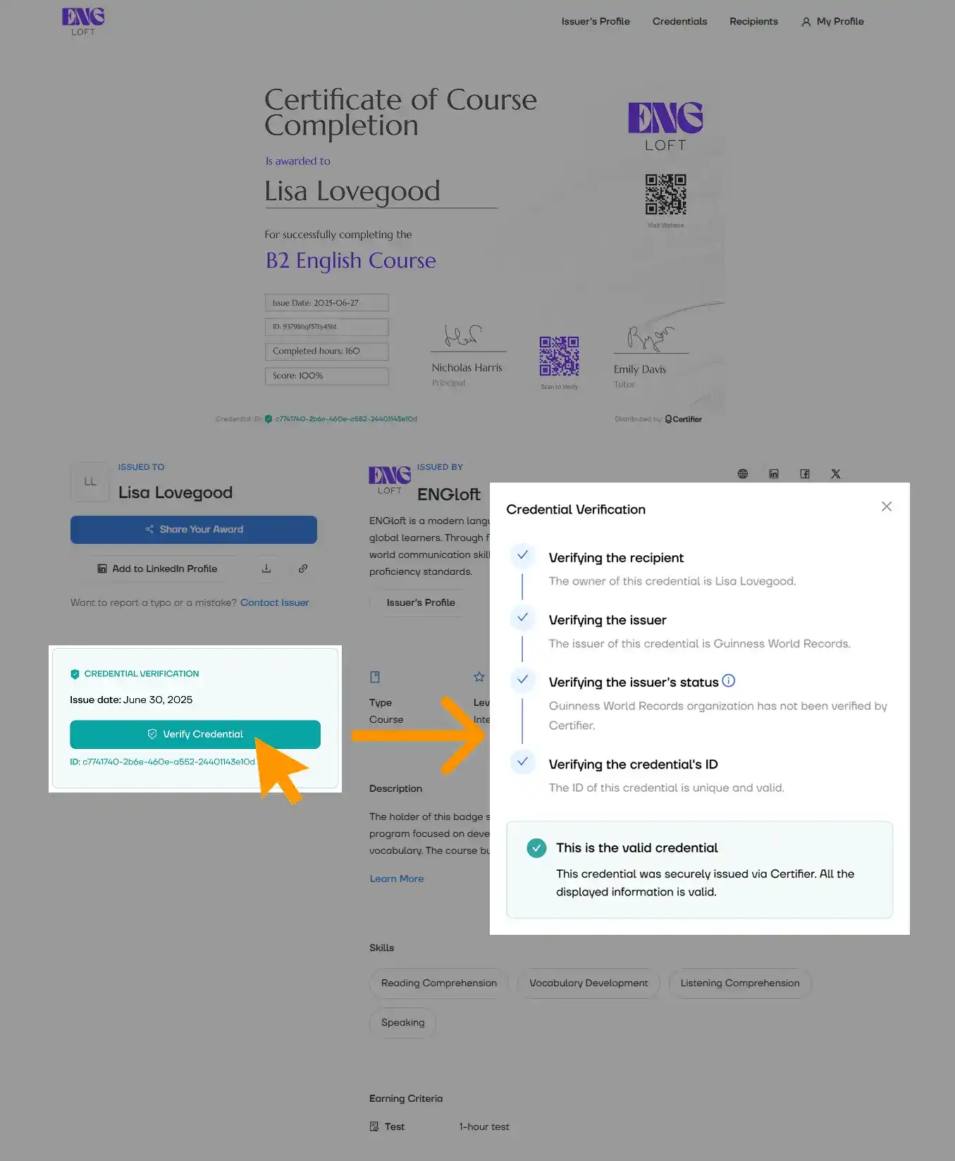 Certificate verification panel validating the course completed certificate’s recipient, issuer and ID, enhancing course compliance and trust via third party integrations.
