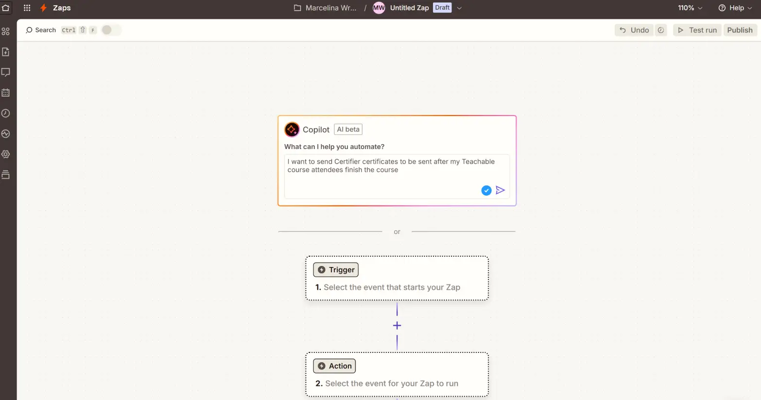 Teachable Zapier screen capturing the setup prompt for automating certificate delivery after students end up the course.
