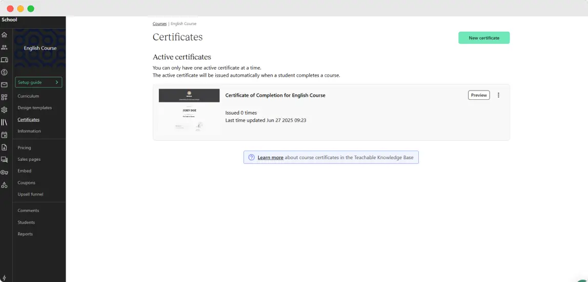 Teachable dashboard showing an active certificate setup for the English Course, supporting teachable certificate automation and course completed certificate delivery.