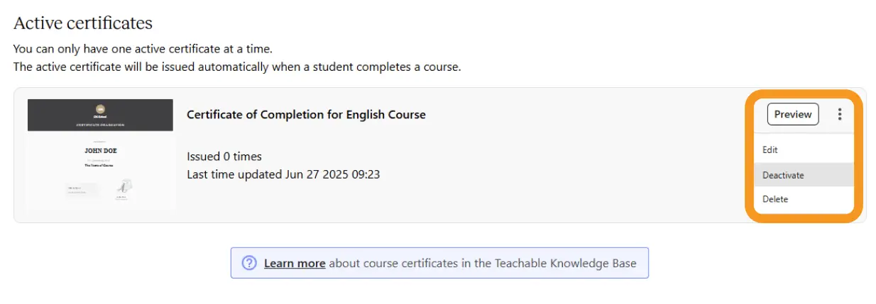 Teachable admin dashboard displaying the active certificate of completion for English Course, useful for tracking Teachable certificate online issuance.