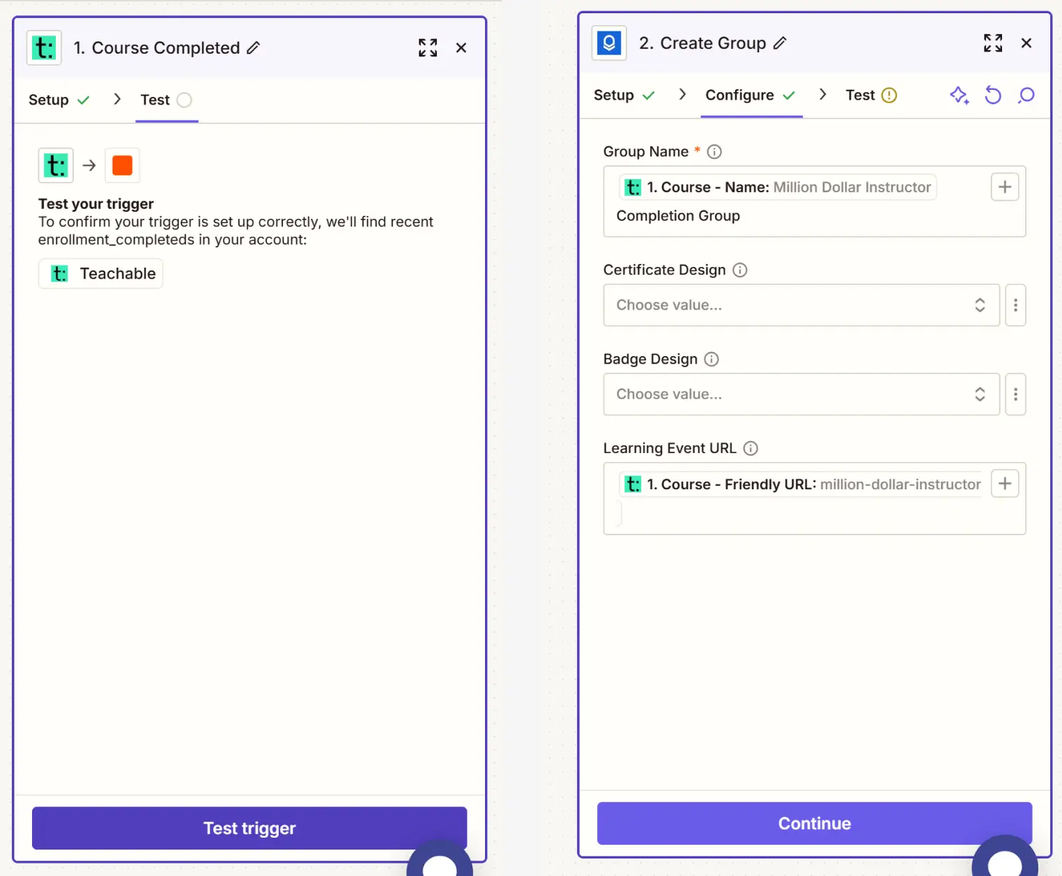 Teachable Zapier automation setup screen showing how to issue a course completed certificate via Certifier, ideal for Teachable certificate automation.