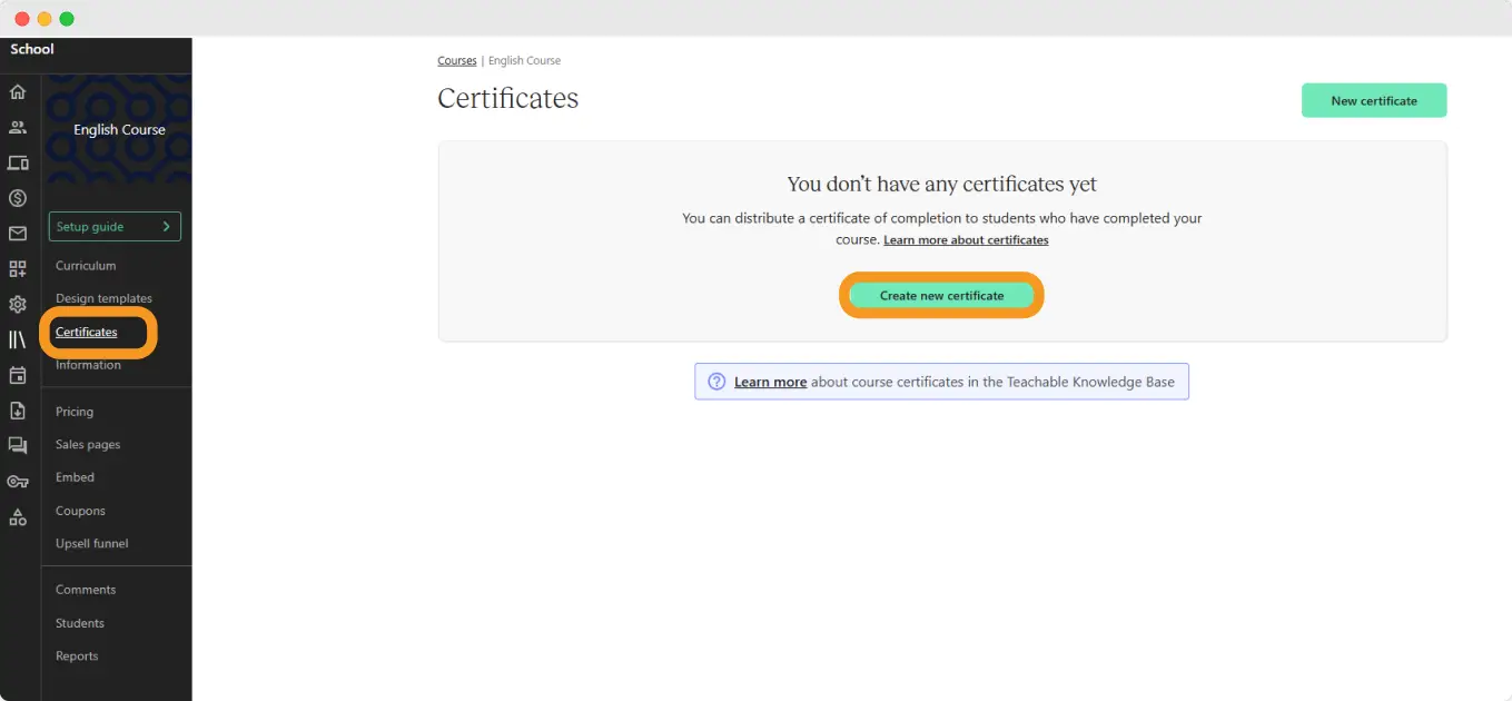 Teachable’s certificate creation screen prompting users to generate a new certificate, illustrating how to create a teachable certificate free to ensure students receive credentials.