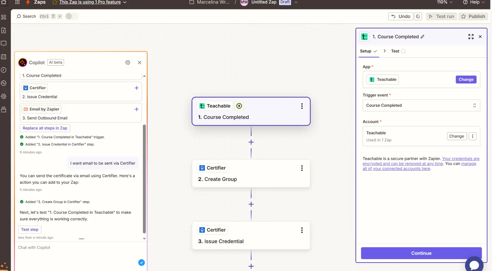 Teachable Zapier automation flow connecting Teachable with Certifier and email actions to send a course completed certificate, showing how to use Teachable certificate automation.